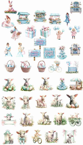 Easter Bunny Themed Product Made by Ash, detailed illustration of bunny-themed Easter decorations, baskets, lambs, lambs with eggs, and Easter signs, designed for DTF or UV DTF printing.