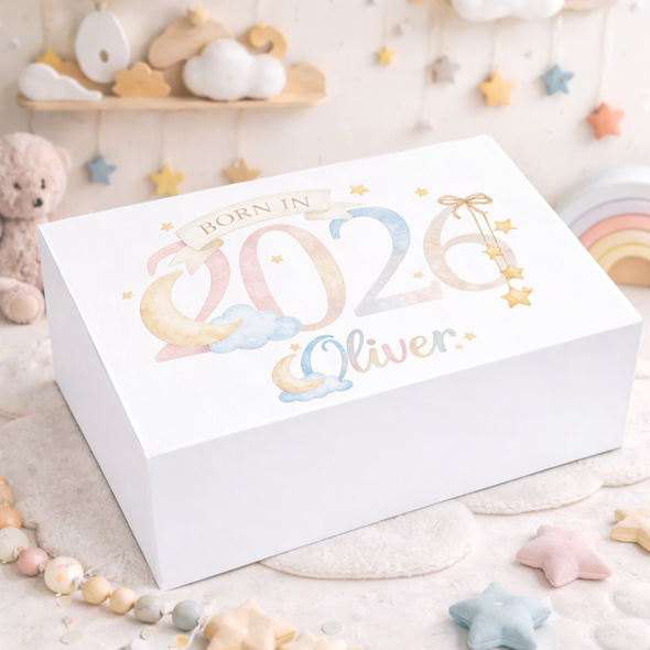Personalised Born In 2026 Magnetic Keepsake Box – Custom Baby Memory Box with Name