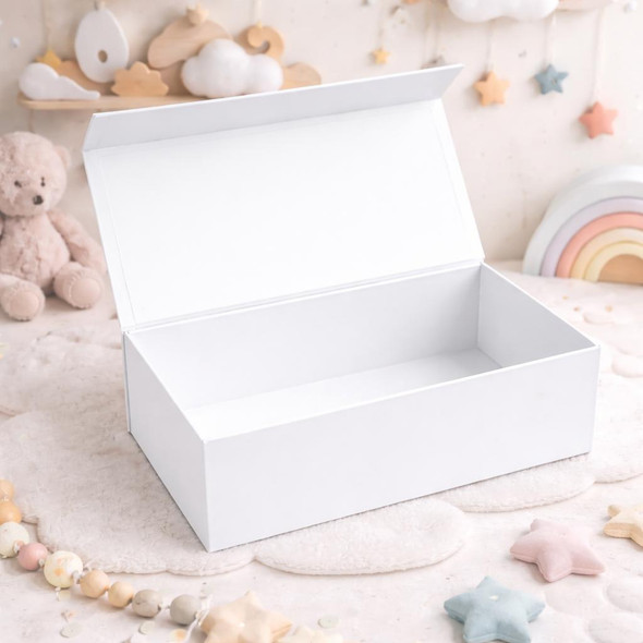 dtfx Personalised Boho Born In 2026 Magnetic Keepsake Box – Neutral Baby Memory Box with Name, empty white keepsake box with open lid on a soft, pastel nursery background.