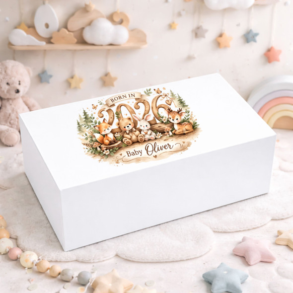 Personalised Woodland Animals Born In 2026 Magnetic Keepsake Box – Baby Memory Box with Name