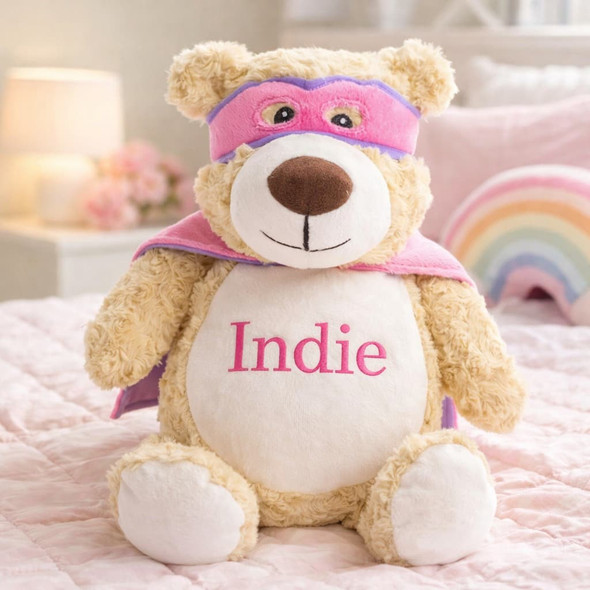 Cubbie pink super hero teddy bear embroidered personalised teddy