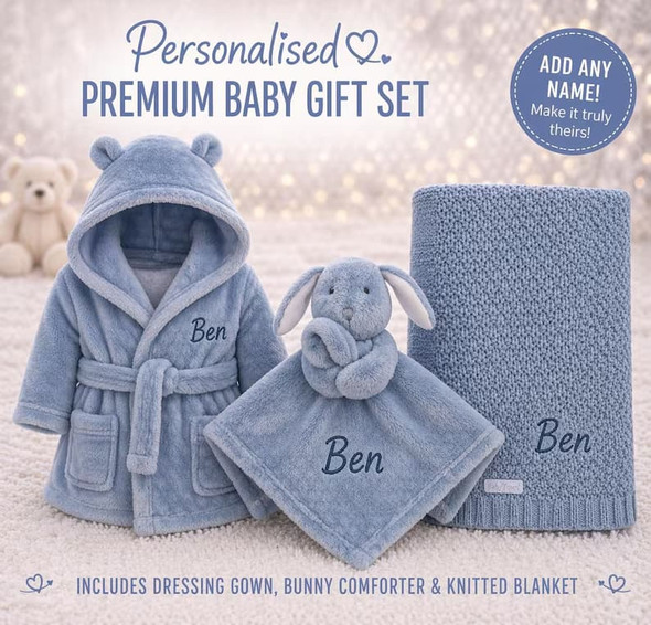 Personalised Dusky Blue Baby Gift Set: Dressing Gown, Bunny Comforter, Knitted Blanket (0-6 Months)