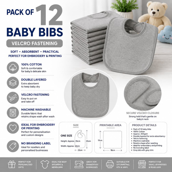 Pack of 12 Plain Baby Bibs with Velcro Fastening – grey marl
