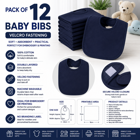Pack of 12 Plain Baby Bibs with Velcro Fastening – navy