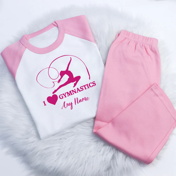 I love gymnastics pjs lounge wear kids pink raglan  pyjamas