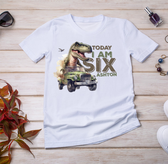 Personalised dinosaur jeep Birthday T-Shirt Any Name Any Age dinosaur kids