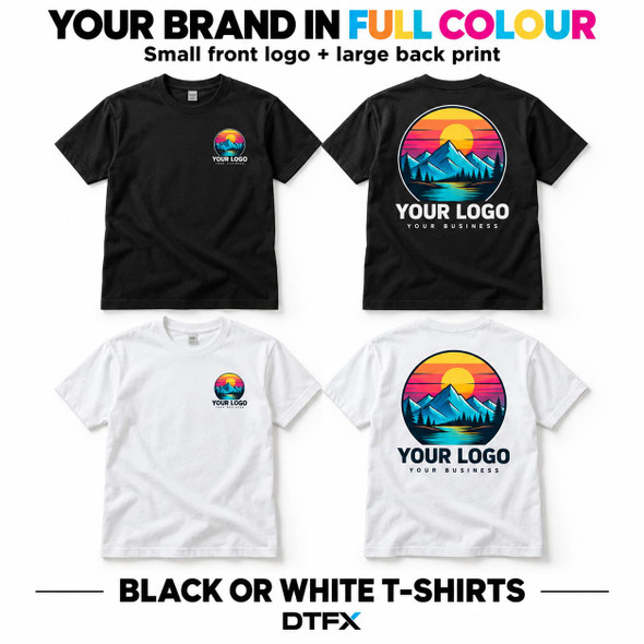 Personalised Black or White T-Shirt – Full Colour Front & Back Logo Printing
