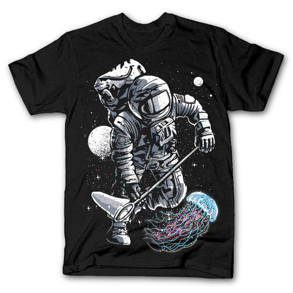 astronaut jelly fish hunting  black tshirt 24842