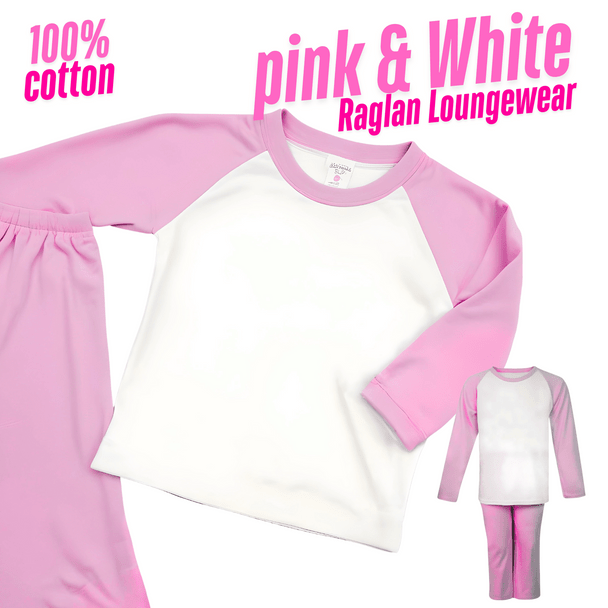 "Kids' Pink & White Raglan Sleeve Pajama Set – Soft and cozy, this pajama set features a pink and white raglan sleeve design made from 100% cotton, 200gsm for comfort and breathability. Perfect for a good night's sleep, this set is gentle on the skin and available for kids of various sizes. Ideal for lounging or bedtime! #KidsPajamas #RaglanSleeve #CottonPajamas #KidsSleepwear #DTFX"