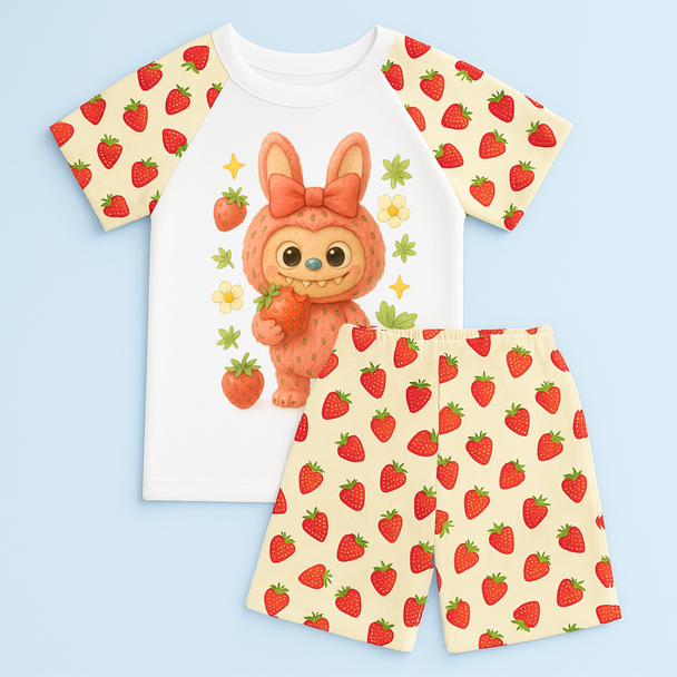 Cute watercolour Monster  Strawberry  personalised  birthday themed  pjs lounge set children kids