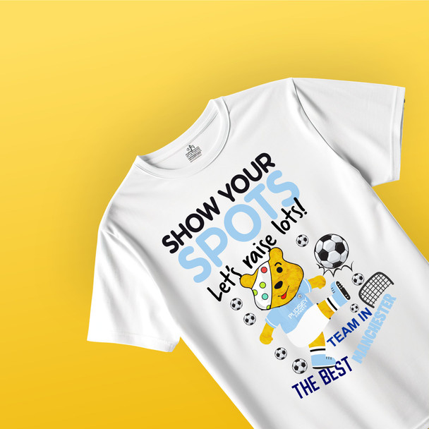 Show your spots manchester  pudsey city  themed white tshirt  dtf adults kids tshirt Show your spots manchester  pudsey city  themed white tshirt  dtf adults kids tshirt