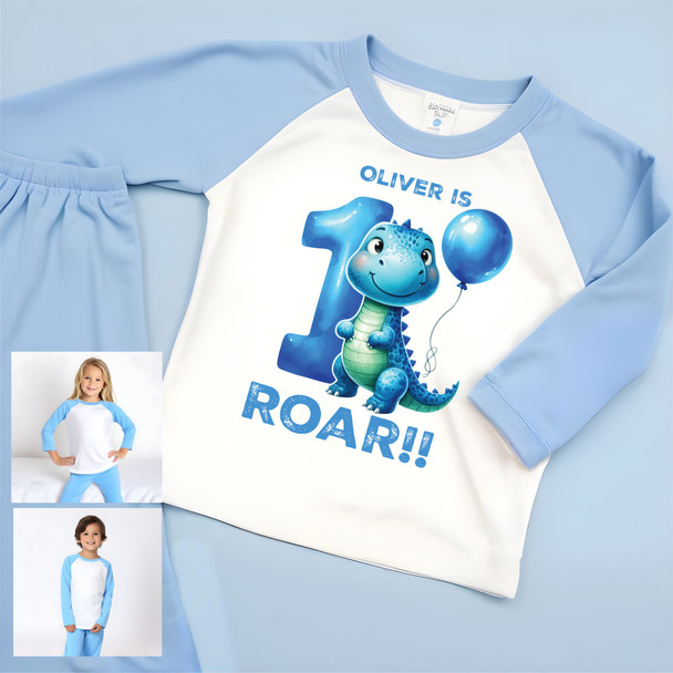personalised dinosaur roar birthday pyjamas pj loungewear children kids from ages 1-7yrs