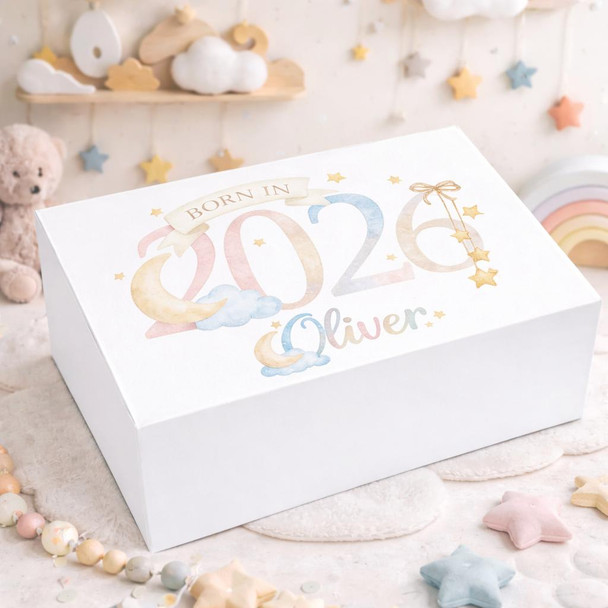 dtfx Personalised Born In 2026 Magnetic Keepsake Box – Custom Baby Memory Box with Name, white keepsake box with pastel-colored design and the words 'Born In 2026' and 'Oliver', surrounded by stars, moons, clouds, and a rainbow in a dreamy nursery setting.
