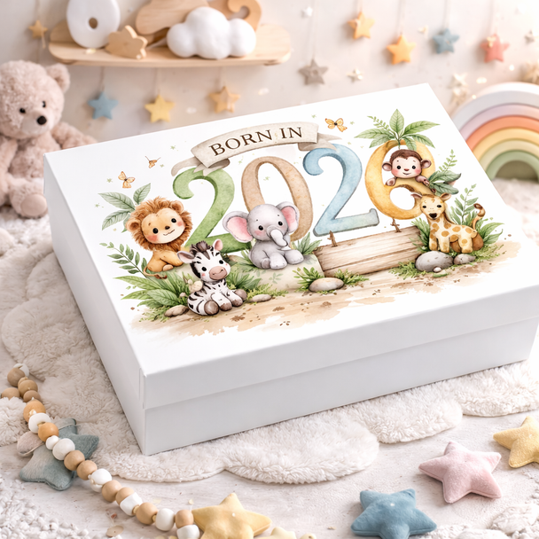 Personalised Safari Born In 2026 Magnetic Keepsake Box – Baby Memory Box with Name
