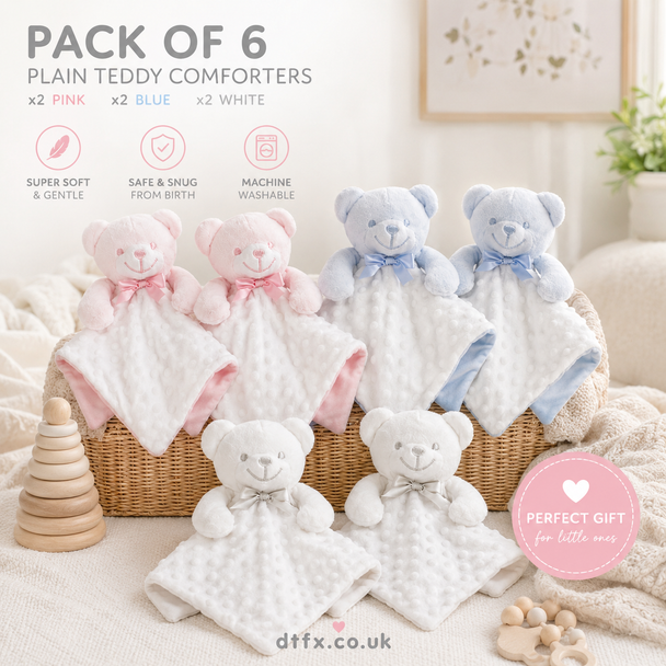 Personalised Teddy Bear Comforter Blanket Gift Set – Pack of 6 Soft Baby Comforters Pink Blue White