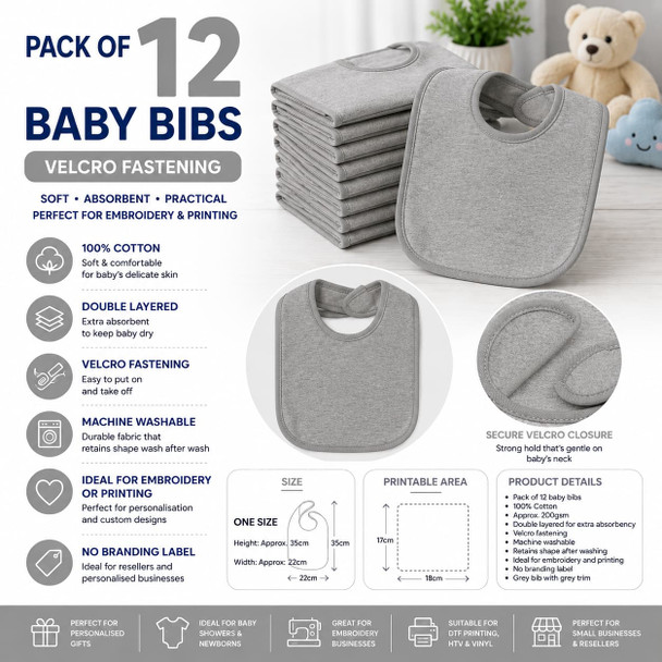 Pack of 12 Plain Baby Bibs with Velcro Fastening – grey marl