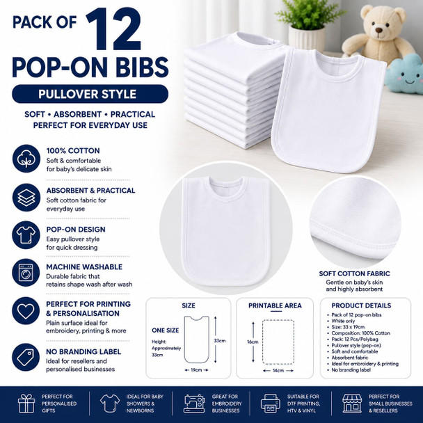 Pack of 12 Plain Baby Bibs pull over style – white