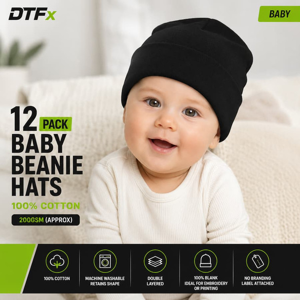 Pack of 12 Plain Baby hats cotton – black