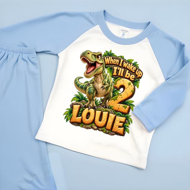 dinosaur trex when i wake up  themed birthday pjs personalised blue raglan