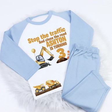 Personalised DIGGER stop the traffic all ages childrens pjs pyjamas loungewear dtfprintingdirect
