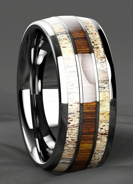 Men's Stainless Steel Rings Koa Wood Deer Antler Inlay