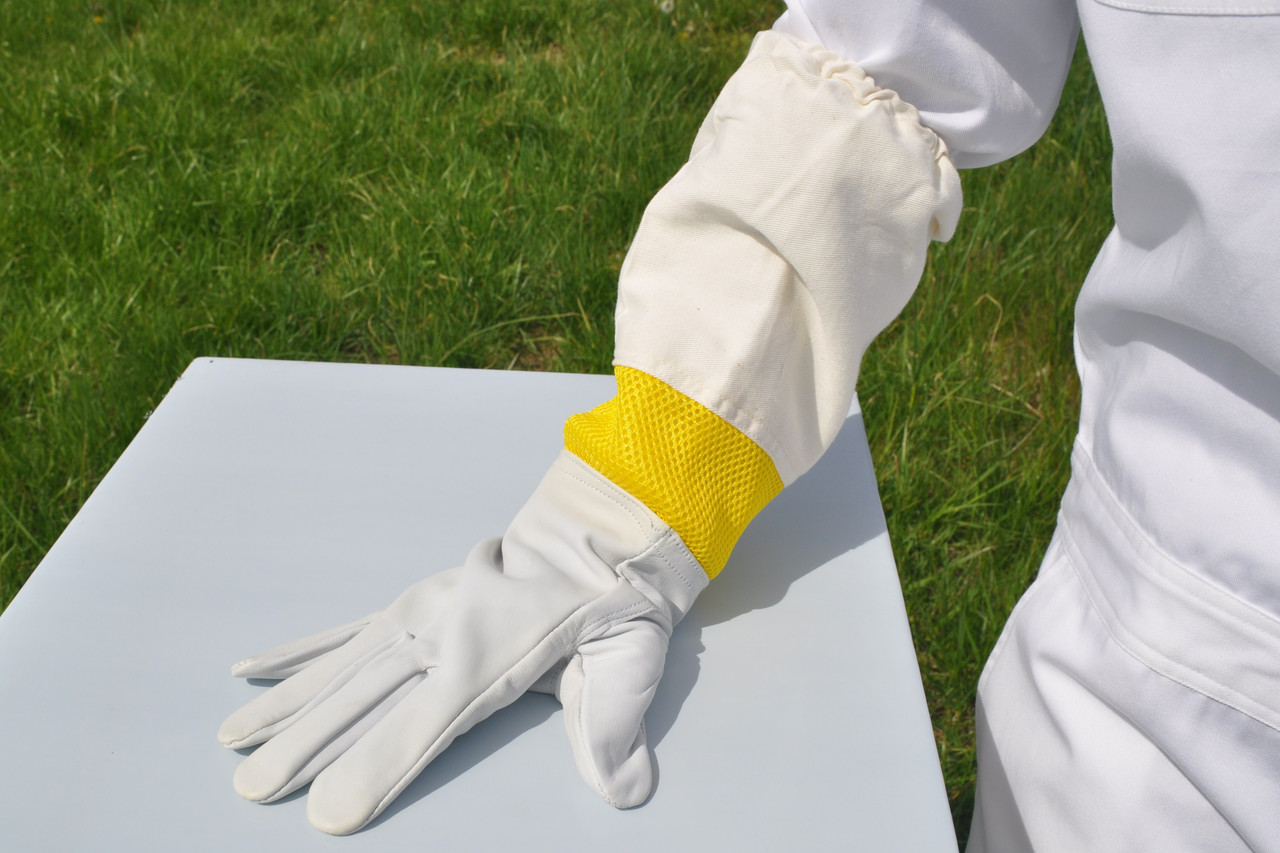 goatskin palmed glove with vent panel for cooling, and canvas sleeve