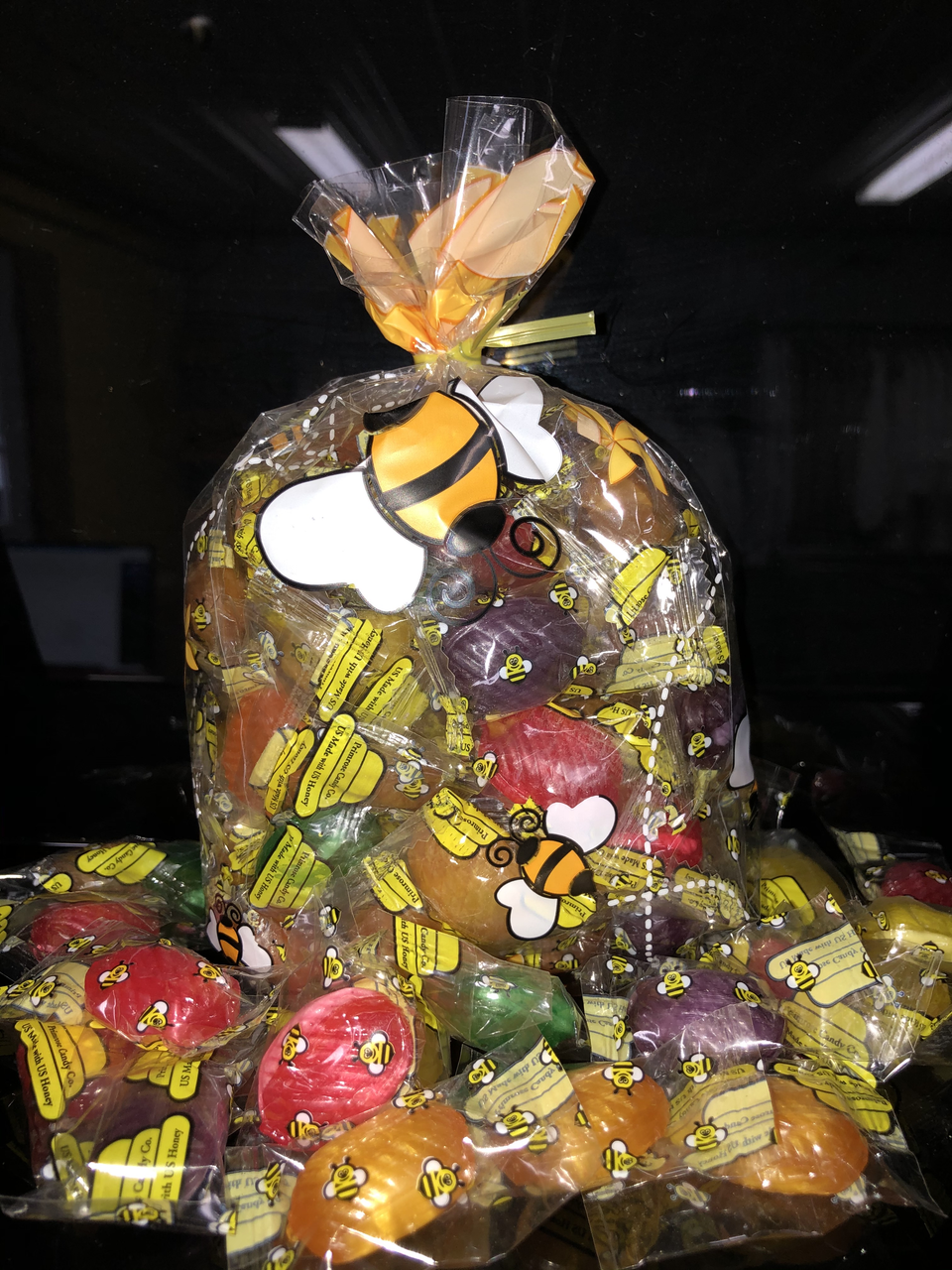 one pound assorted fruit, honey filled candy in cute cellophane bee bag
