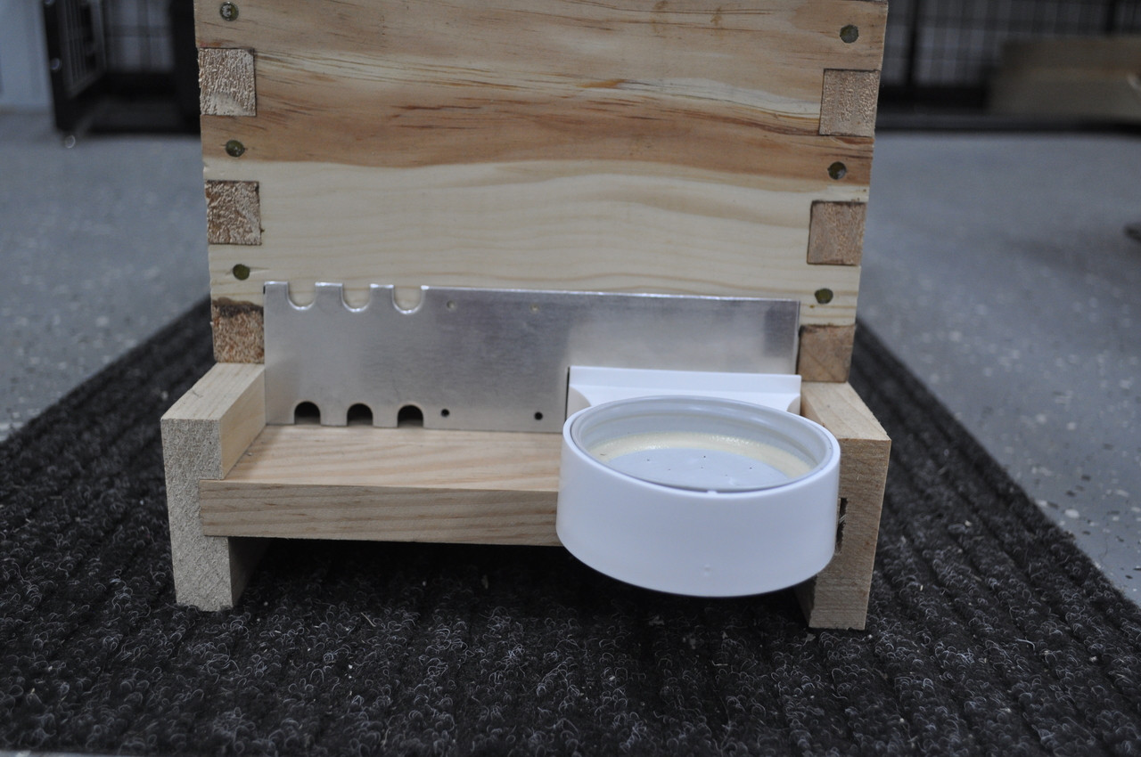 Multi-guard for Nucs.  Doubles as an entrance reducer and mouse guard.  Shown here allowing for the use of a entrance jar feeder. 
