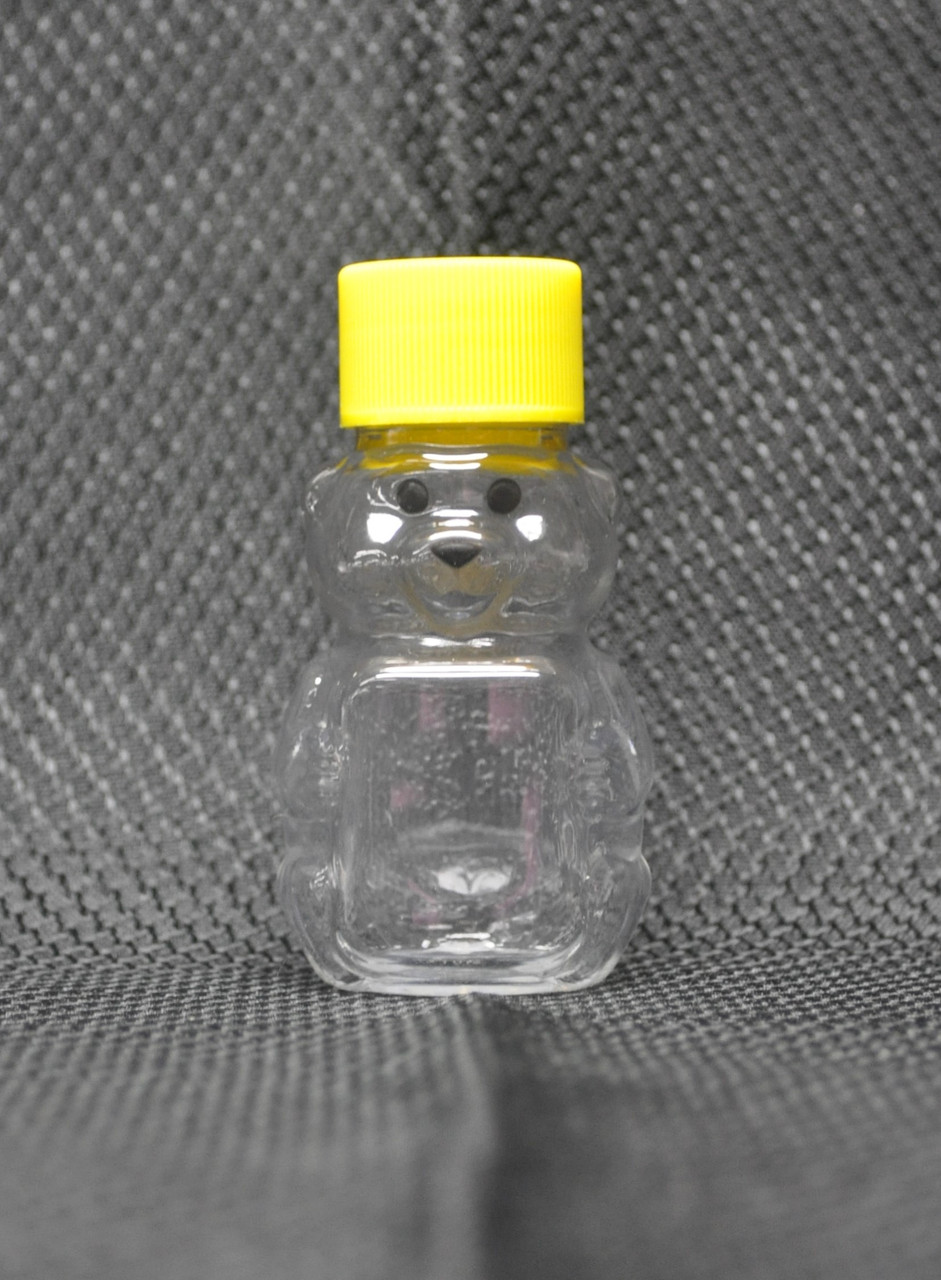 adorable, bear shaped, 2 oz. clear plastic honey bottles with yellow screw-on cap