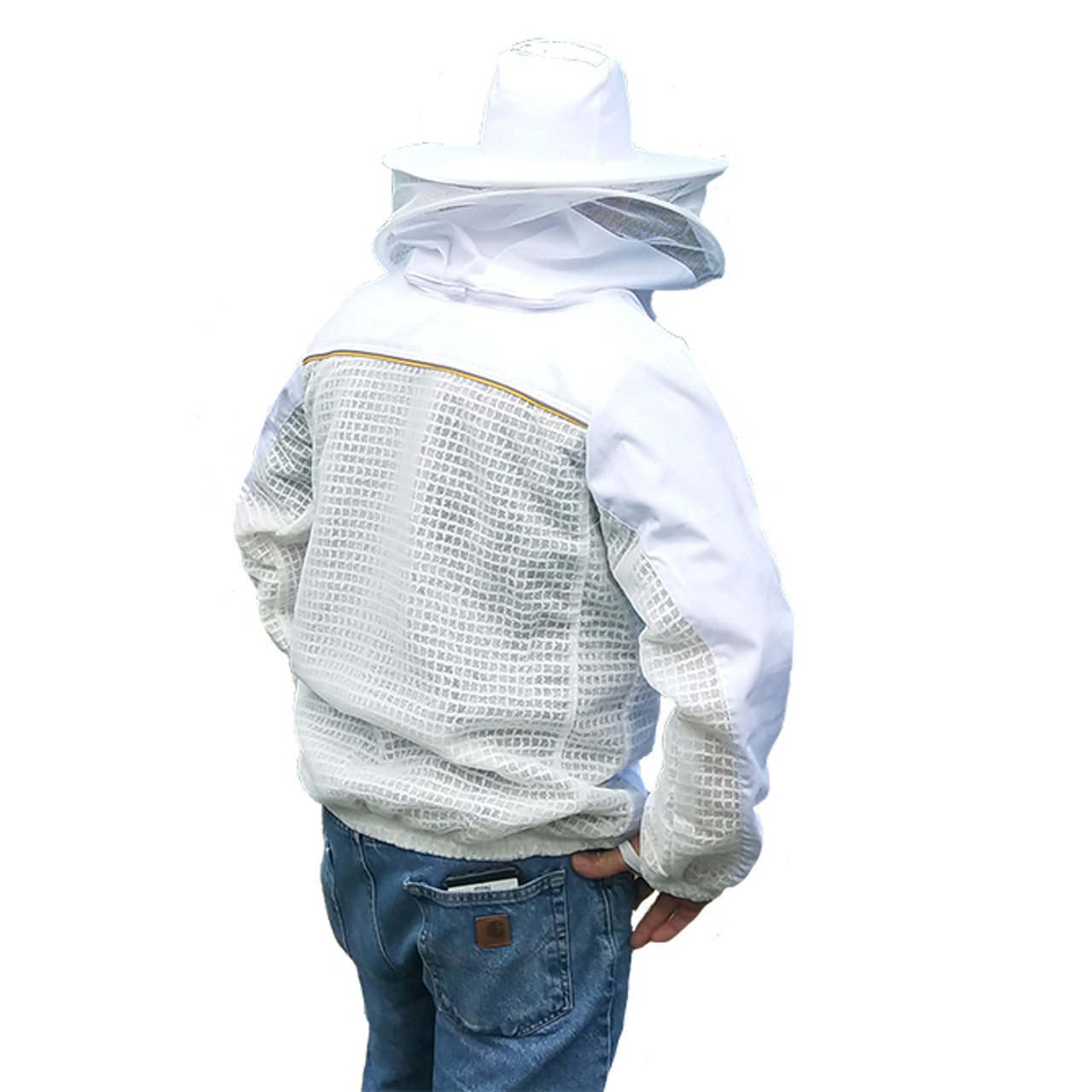 Lyson part vent jacket with vented back and underarm panels, back view showing vented panel from shoulders down and cotton/poly panel across top of arms and shoulders.