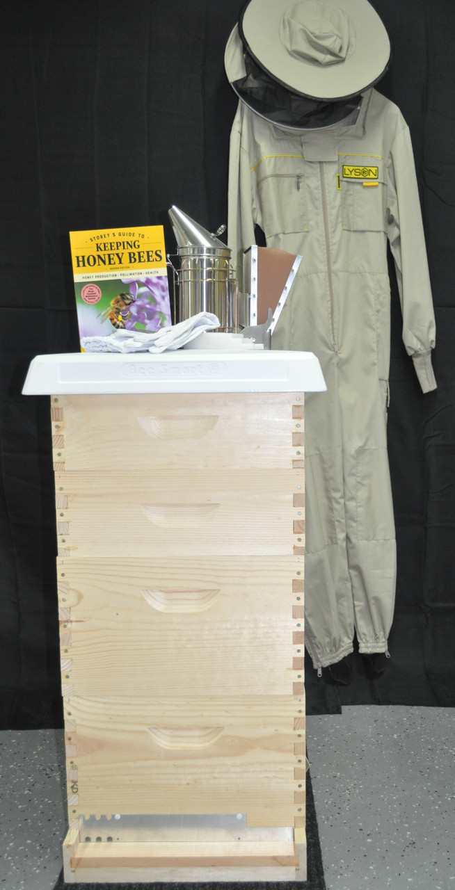 Deluxe beginner kit includes super bee kit with plastic lid, Lyson jacket, gloves, smoker, hive tool, Boardman feeder, Storey's Guide to Keeping Bees book