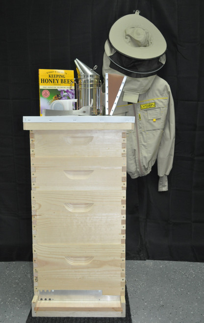 DRB's Deluxe beginner kit with Super Bee Kit, Lyson Jacket, Smoker, J-Hook Hive Tool, Boardman Feeder, and Storey's Guide to Keeping Bees Book