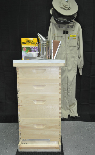 DRB's deluxe beginner kit with super bee kit, Lyson suit, j-hook hive tool, smoker, Boardman feeder, Storey's Guide to Keeping Bees book