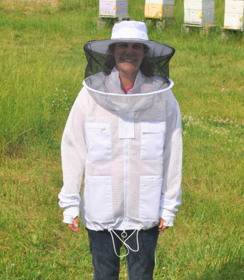 Full vent jacket with round hat veil combo keeps you cooler while checking your beehives