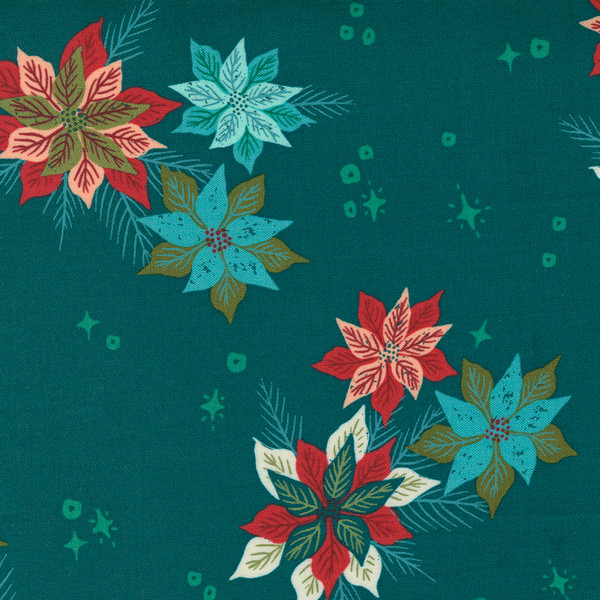 Cheer Merriment Poinsettia Teal Green/ Red Floral