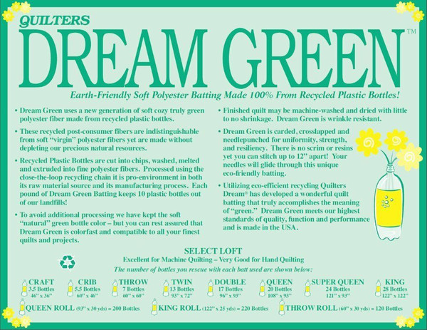 *QUILTERS DREAM BATTING- GREEN *SELECT* Made 100% from Recycled Bottles