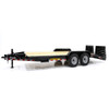 Delta 7x20 tandem axle equipment trailer, front driver side view highlighting Delta branding, A-frame storage area, spring loaded drop-leg jack, and channel loading ramps.
