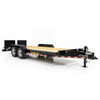 Delta 7x20 tandem axle equipment trailer, front passenger side view showing wood deck, diamond plate fenders, DOT reflective tape, drop-leg jack, safety chains, and Mini Super Ramps in stowed position.