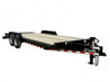 Delta 27EB tandem axle equipment trailer, front passenger side view showing full deck length, pressure treated pine floor, diamond plate fenders, DOT reflective tape, drop-leg jack, and safety chains.