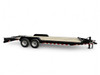 Delta 27EB tandem axle equipment trailer, full driver side profile showing pressure treated pine deck, tandem axle configuration, diamond plate teardrop fenders, DOT reflective tape, and Mini Super Ramps in stowed position.
