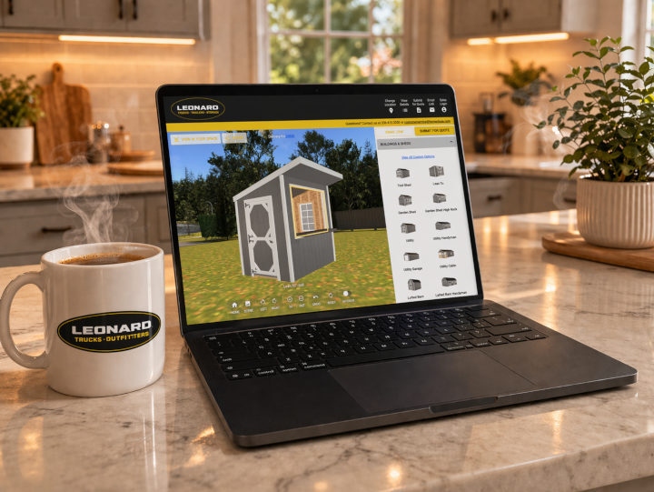 The myShed 3D configurator showing a customizable storage building with size, style, and color options