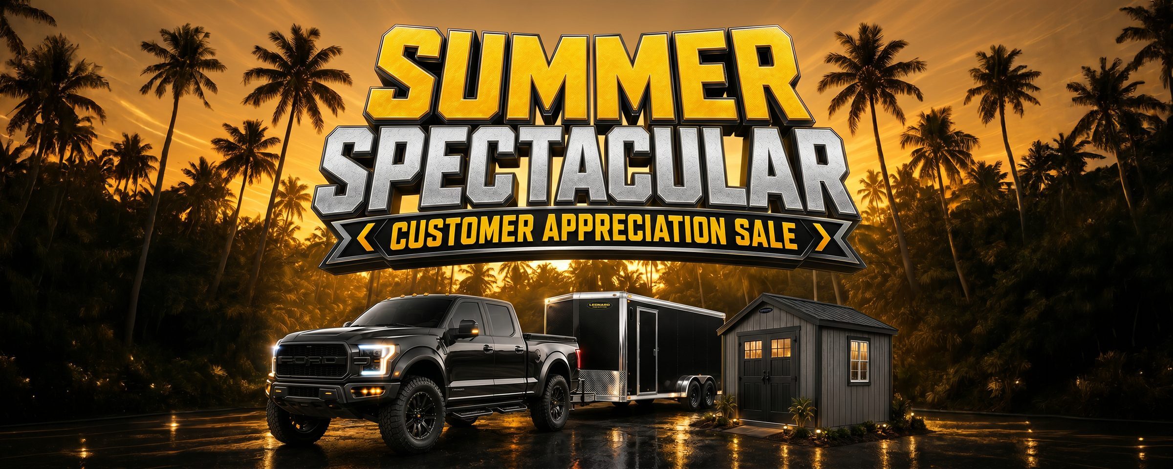 Leonard Summer Spectacular Customer Appreciation Sale, featuring a truck, enclosed trailer, and storage shed