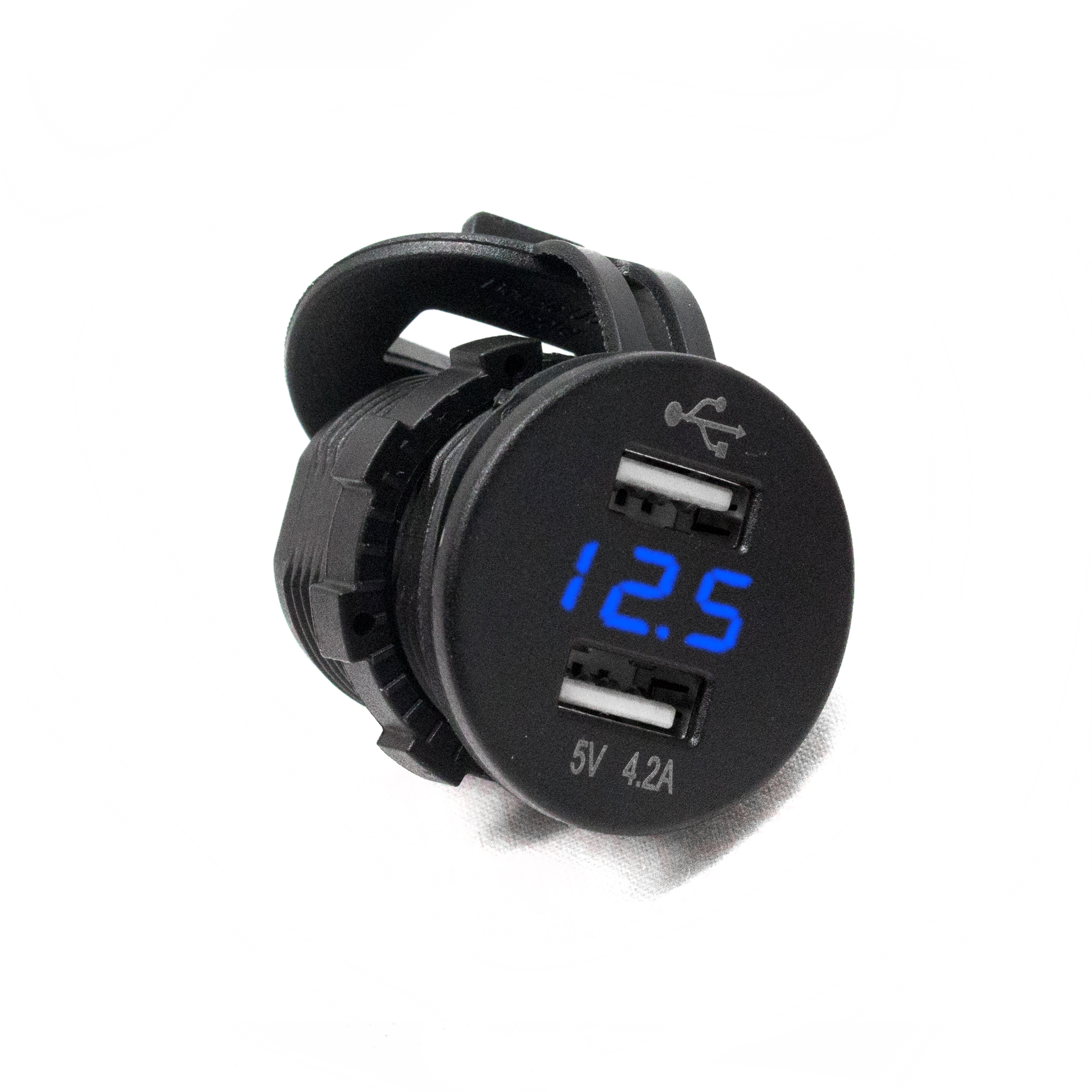 RS507971B - Round Socket-Sized Dual-Port USB/Voltage Gauge w/ Blue Digital LED Display-RS507971B
