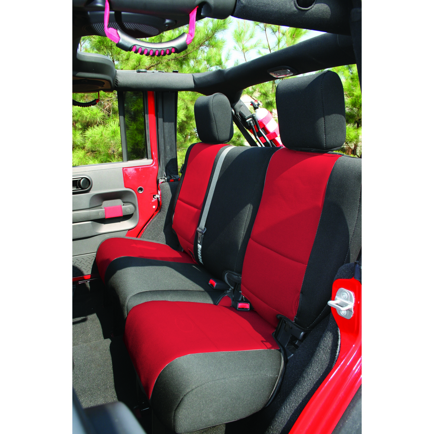 Neoprene Rear Seat Cover, Black/Red; 07-16 Jeep Wrangler JKU-13264.53