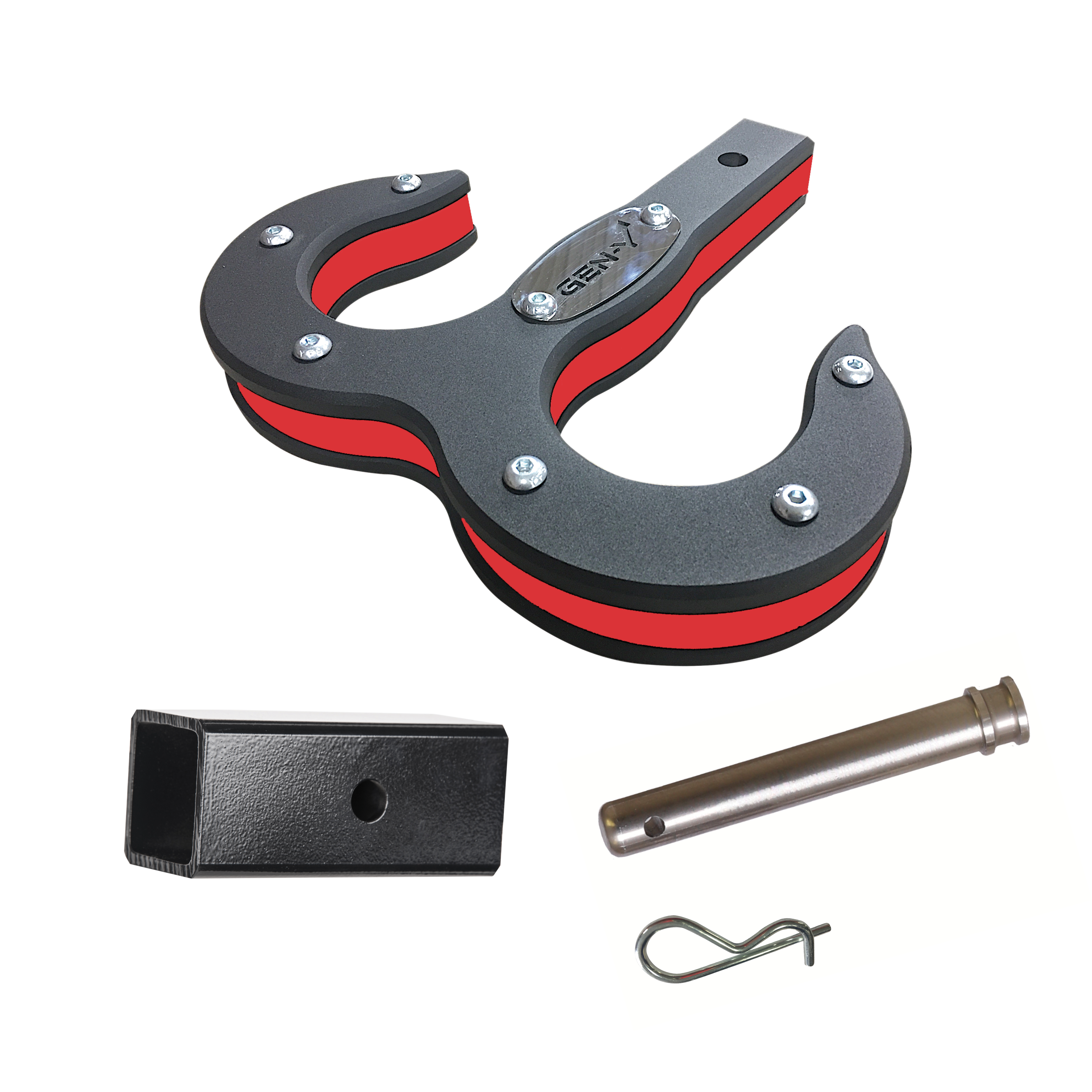 Hulk 2.0 Tow Hook 16K 2" Shank Black/Red with GH-009 Reducer Sleeve, GH-099 Pin GH-0071-R Hulk 2.0 Tow Hook 16K 2" Shank Black/Red with GH-009 Reducer Sleeve, GH-099 Pin GH-0071-R