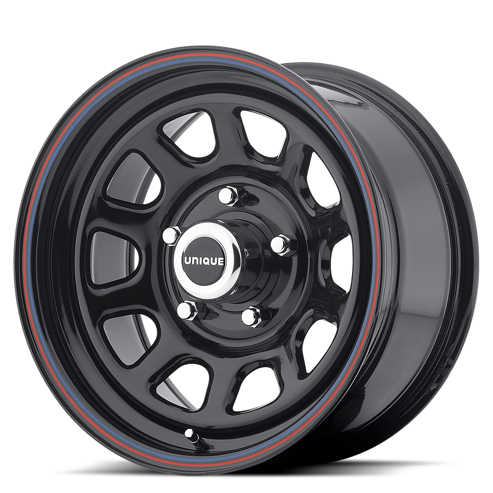 American Racing AR767 15X7 GLOSS BLACK STEEL WITH RED AND BLUE STRIPE 5X5.5 - AR7675785 American Racing AR767 15X7 GLOSS BLACK STEEL WITH RED AND BLUE STRIPE 5X5.5 - AR7675785