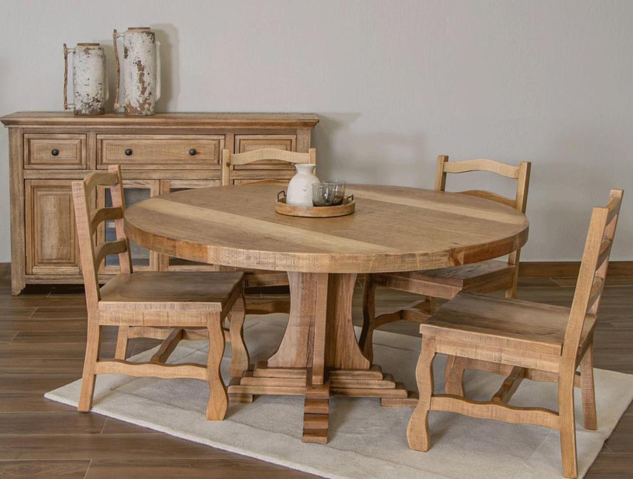 Rustic Round Dining Table and Buffet Set