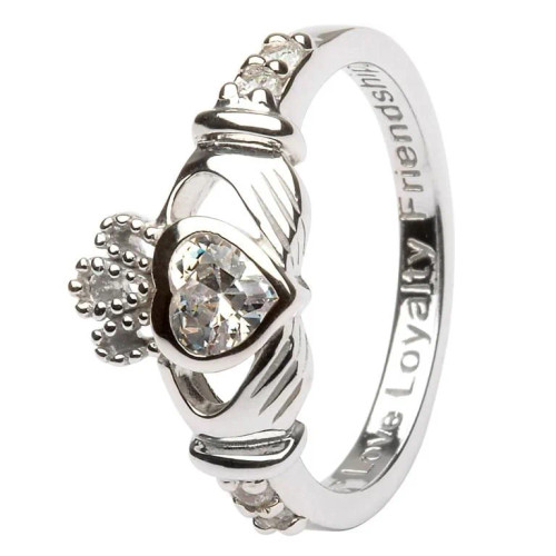 Sterling Silver Birthstone Claddagh Ring- April