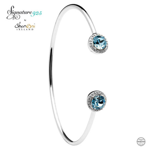 Silver Halo Bangle Embellished With Aquamarine White Swarovski Crystals