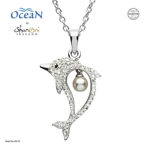 Sterling Silver Dolphin and Pearl Necklace w/ White Crystals